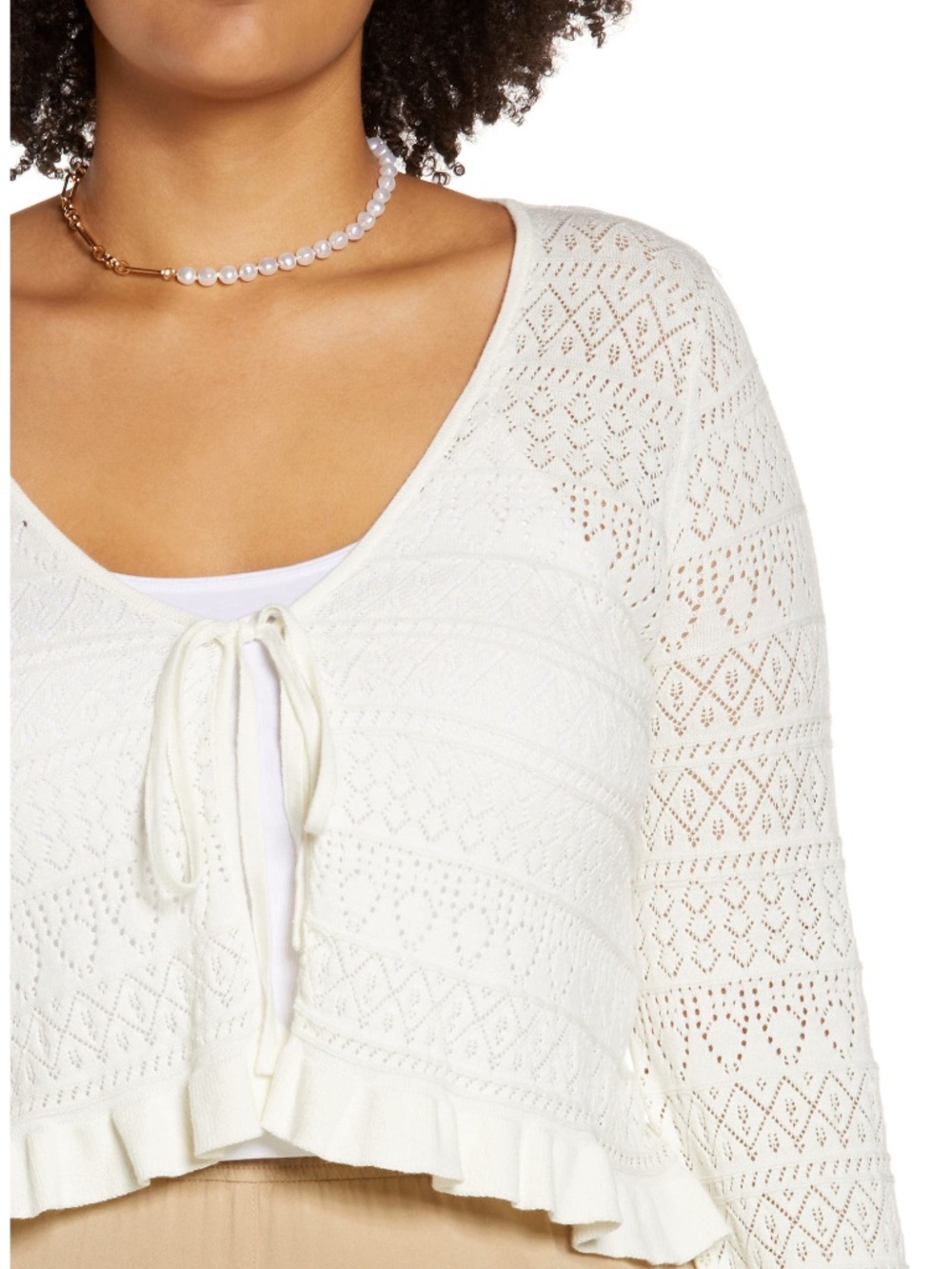 NWOT BP. Nordstrom White Pointelle Tie-Front Crochet Ruffle Cardigan Plus Size 4